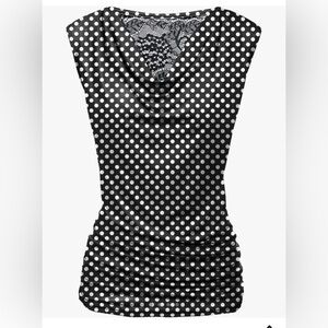 Sleeveless ruched cowl neck top on navy blue and white polka dot, Size M.